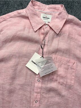 Thom Aaron Shirt Mens L Pink 100% Linen Short Sleeve Button Up Beach NEW